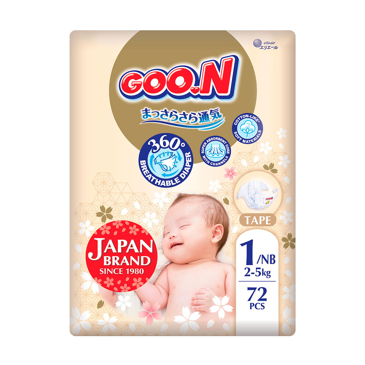 Підгузки Goo.N Premium Soft розмір NB (до 5 кг), 2*72 шт